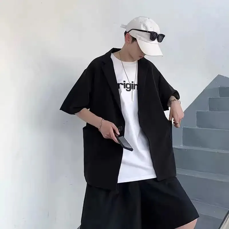 Wiaofellas  -  Men City Boy Summer Blazer Half Sleeve Streetwear Handsome Loose Draped Single Button Coat Jackets Shirts Solid Chic Tops Blouse
