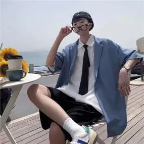 Wiaofellas  -  Men City Boy Summer Blazer Half Sleeve Streetwear Handsome Loose Draped Single Button Coat Jackets Shirts Solid Chic Tops Blouse