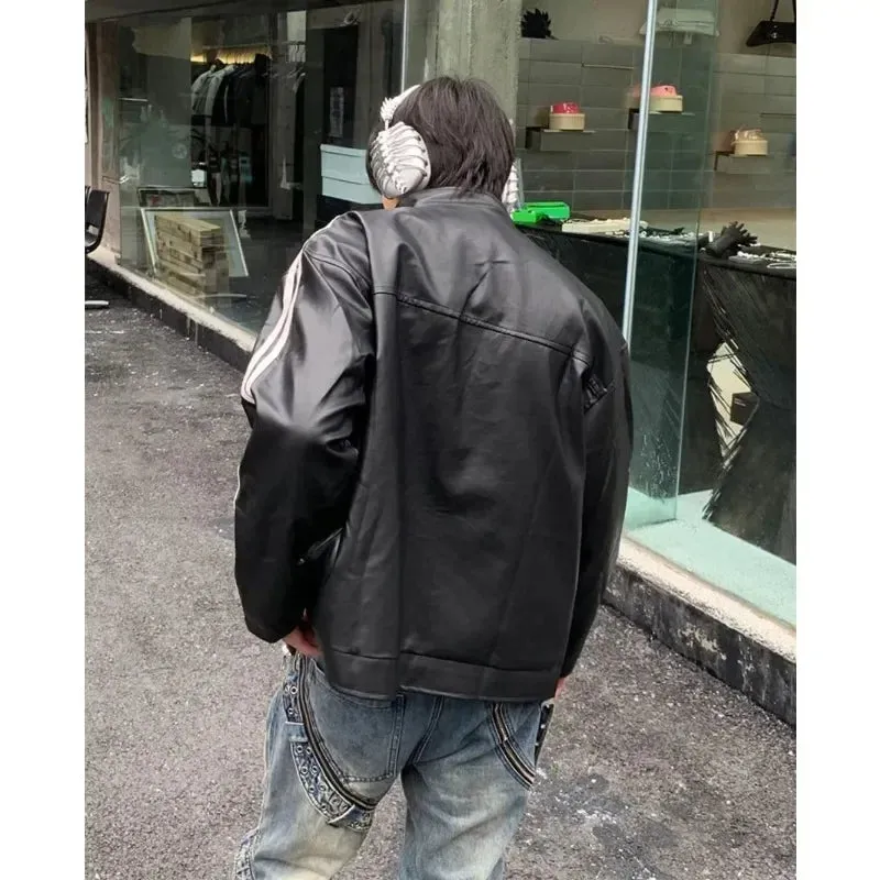 Wiaofellas  -  Retro Leather Jacket Men Women  American Patchwork Strip Racing Outerwear Loose Hip Hop Zippers Brown PU Coat Streetwear Spring