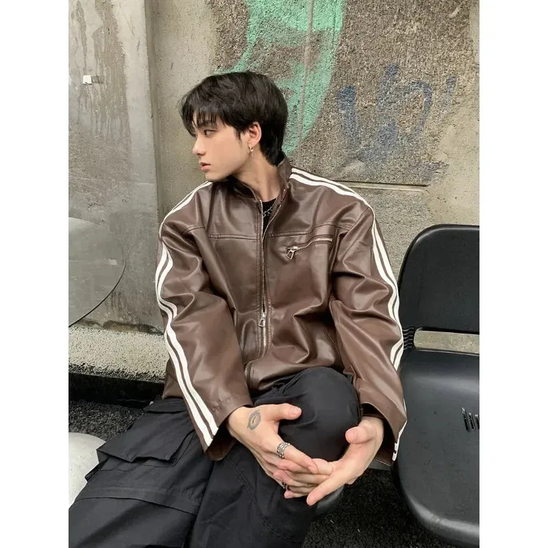 Wiaofellas  -  Retro Leather Jacket Men Women  American Patchwork Strip Racing Outerwear Loose Hip Hop Zippers Brown PU Coat Streetwear Spring