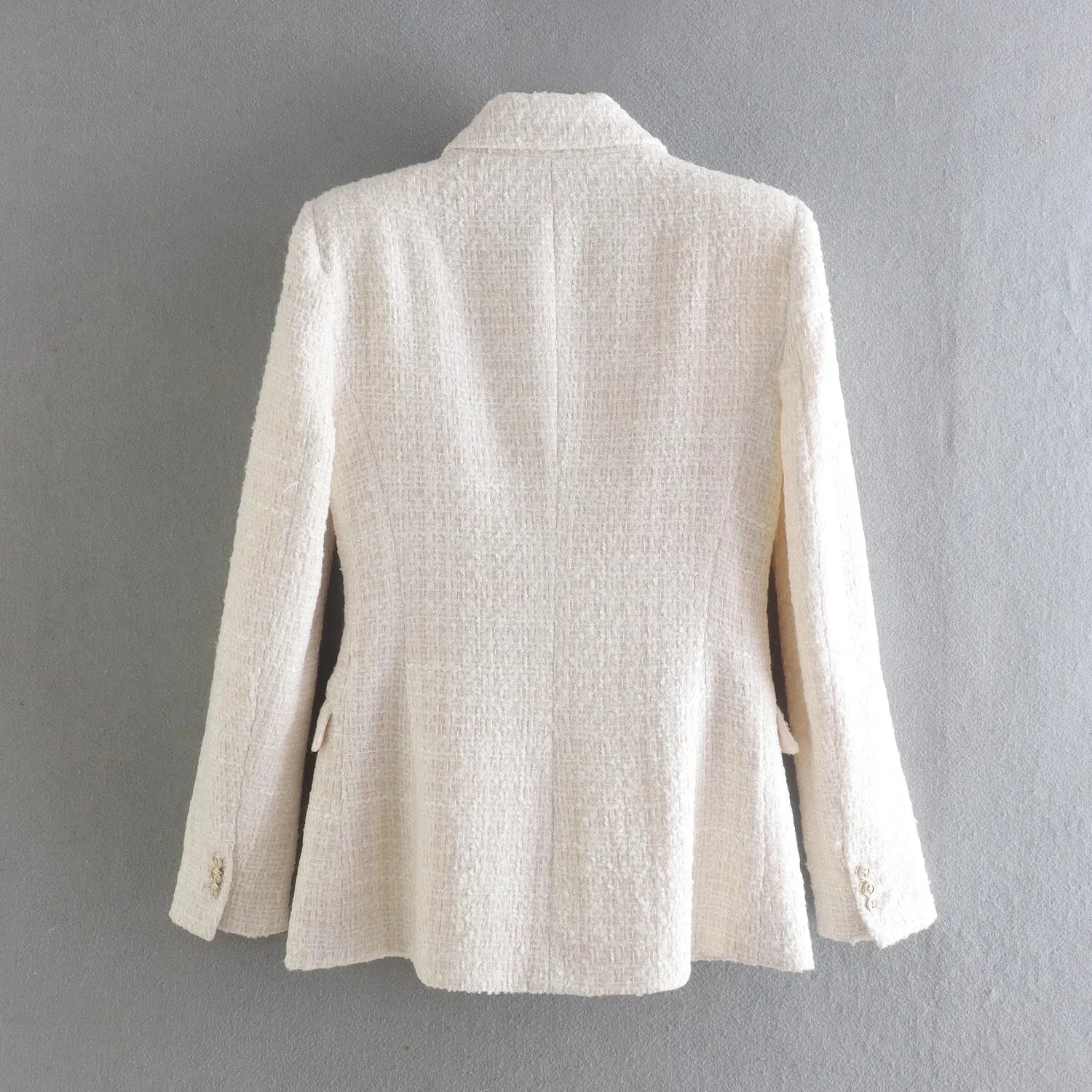 Wjczt Beige Tweed Women Blazer Jacket 2022 New Office Lady Solid Color Double Breasted Button Up Coat Casual Girls Streetwear