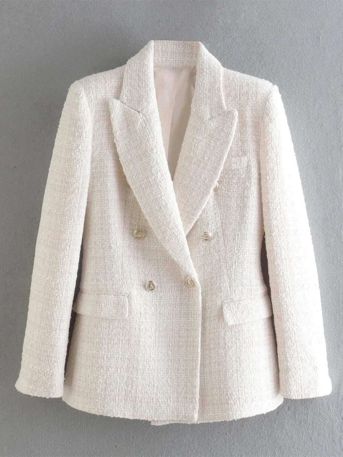 Wjczt Beige Tweed Women Blazer Jacket 2022 New Office Lady Solid Color Double Breasted Button Up Coat Casual Girls Streetwear