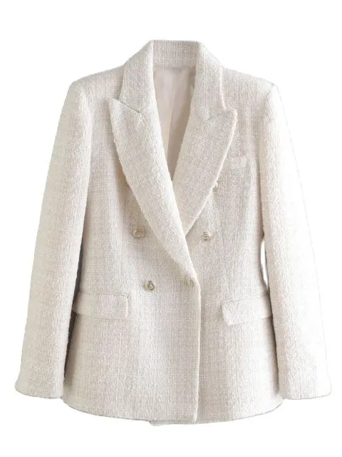 Wjczt Beige Tweed Women Blazer Jacket 2022 New Office Lady Solid Color Double Breasted Button Up Coat Casual Girls Streetwear