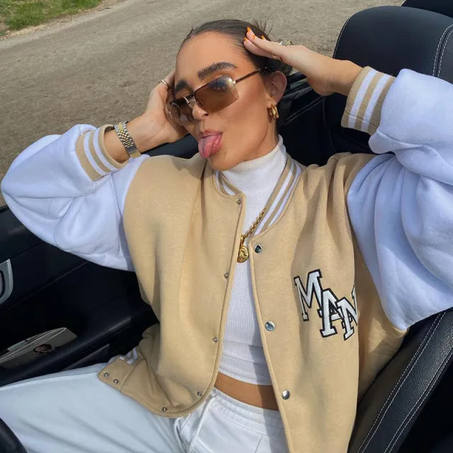 Wjczt Varsity Jackets Women 2022 Autumn Winter Fashion Oversized Long Sleeve Bomber Loose Black Baseball Vintage Y2K Coat