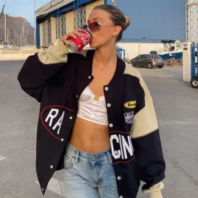 Wjczt Varsity Jackets Women 2022 Autumn Winter Fashion Oversized Long Sleeve Bomber Loose Black Baseball Vintage Y2K Coat