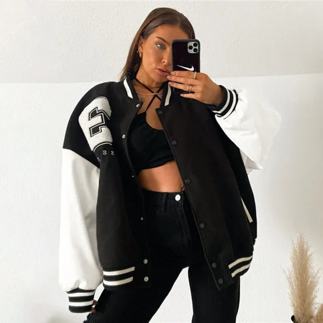 Wjczt Varsity Jackets Women 2022 Autumn Winter Fashion Oversized Long Sleeve Bomber Loose Black Baseball Vintage Y2K Coat