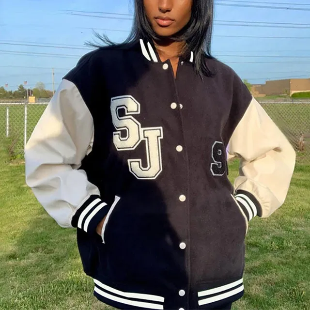 Wjczt Varsity Jackets Women 2022 Autumn Winter Fashion Oversized Long Sleeve Bomber Loose Black Baseball Vintage Y2K Coat