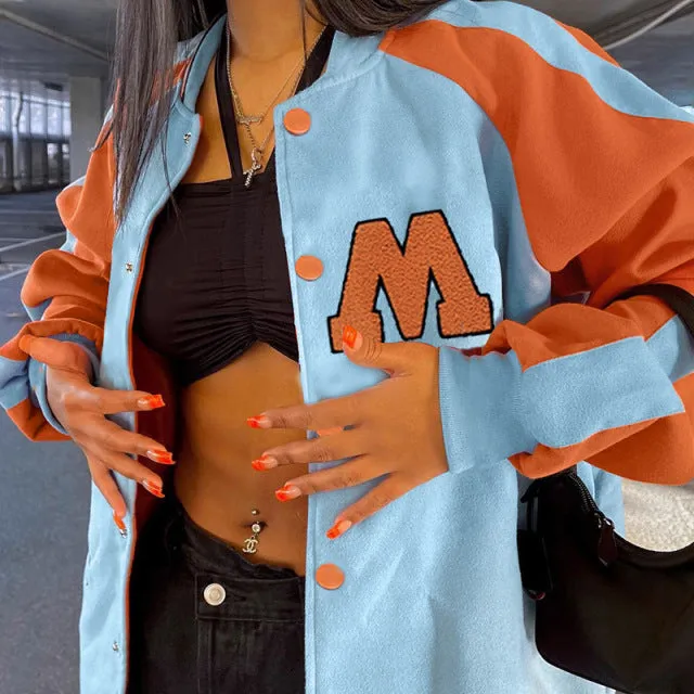 Wjczt Varsity Jackets Women 2022 Autumn Winter Fashion Oversized Long Sleeve Bomber Loose Black Baseball Vintage Y2K Coat