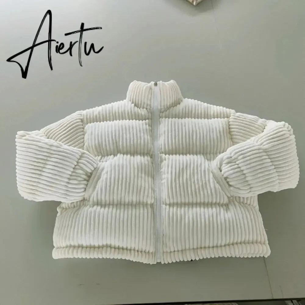 Women Casual Stripes Solid Corduroy Coat  Stand Collar Long-sleeved Slim Harajuku Jacket Streetwear Hipster Female Outfits