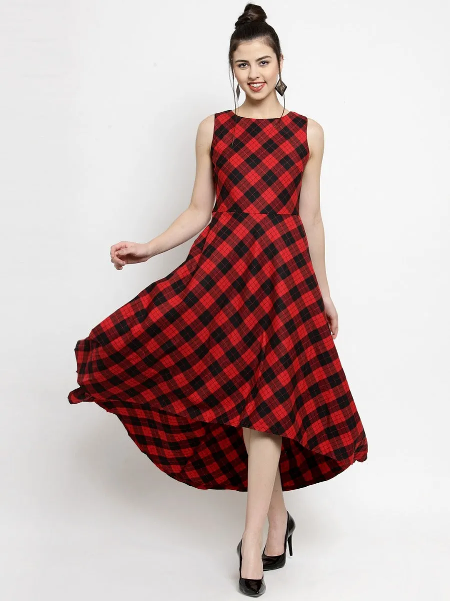 Women Checked Round Neck Maxi Dress
