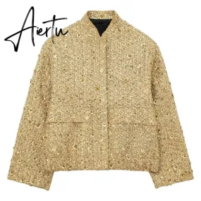 Women Fashion Shiny Sequin Jacket Y2k Gold Color Stand Collar Long Sleeve Short Coat Autumn Winter Ladies High Streetwear