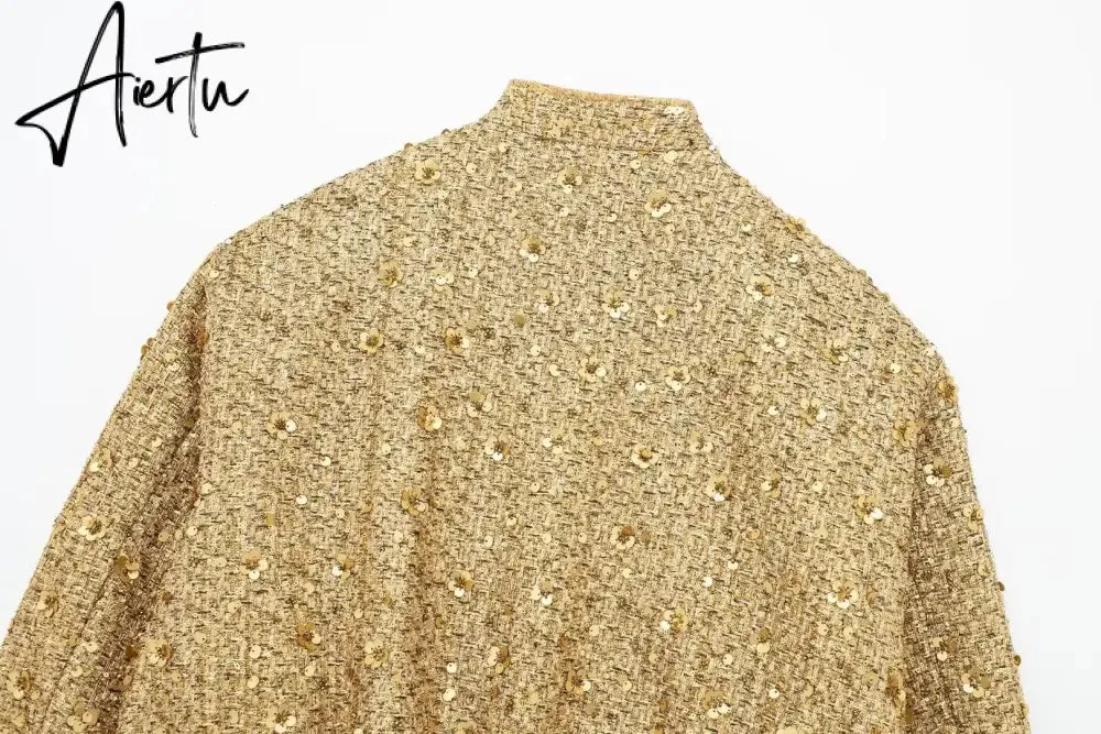 Women Fashion Shiny Sequin Jacket Y2k Gold Color Stand Collar Long Sleeve Short Coat Autumn Winter Ladies High Streetwear