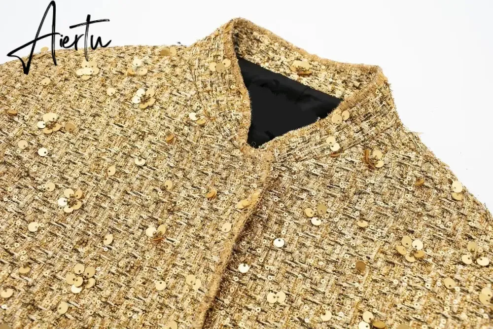 Women Fashion Shiny Sequin Jacket Y2k Gold Color Stand Collar Long Sleeve Short Coat Autumn Winter Ladies High Streetwear
