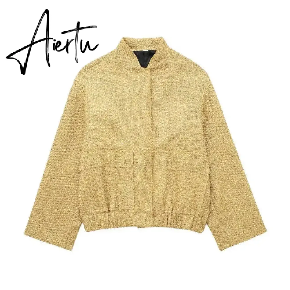 Women Fashion Shiny Sequin Jacket Y2k Gold Color Stand Collar Long Sleeve Short Coat Autumn Winter Ladies High Streetwear