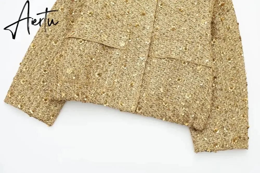Women Fashion Shiny Sequin Jacket Y2k Gold Color Stand Collar Long Sleeve Short Coat Autumn Winter Ladies High Streetwear