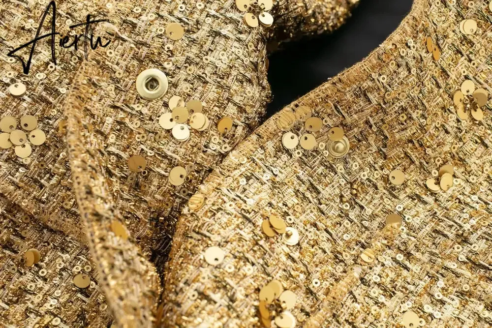 Women Fashion Shiny Sequin Jacket Y2k Gold Color Stand Collar Long Sleeve Short Coat Autumn Winter Ladies High Streetwear