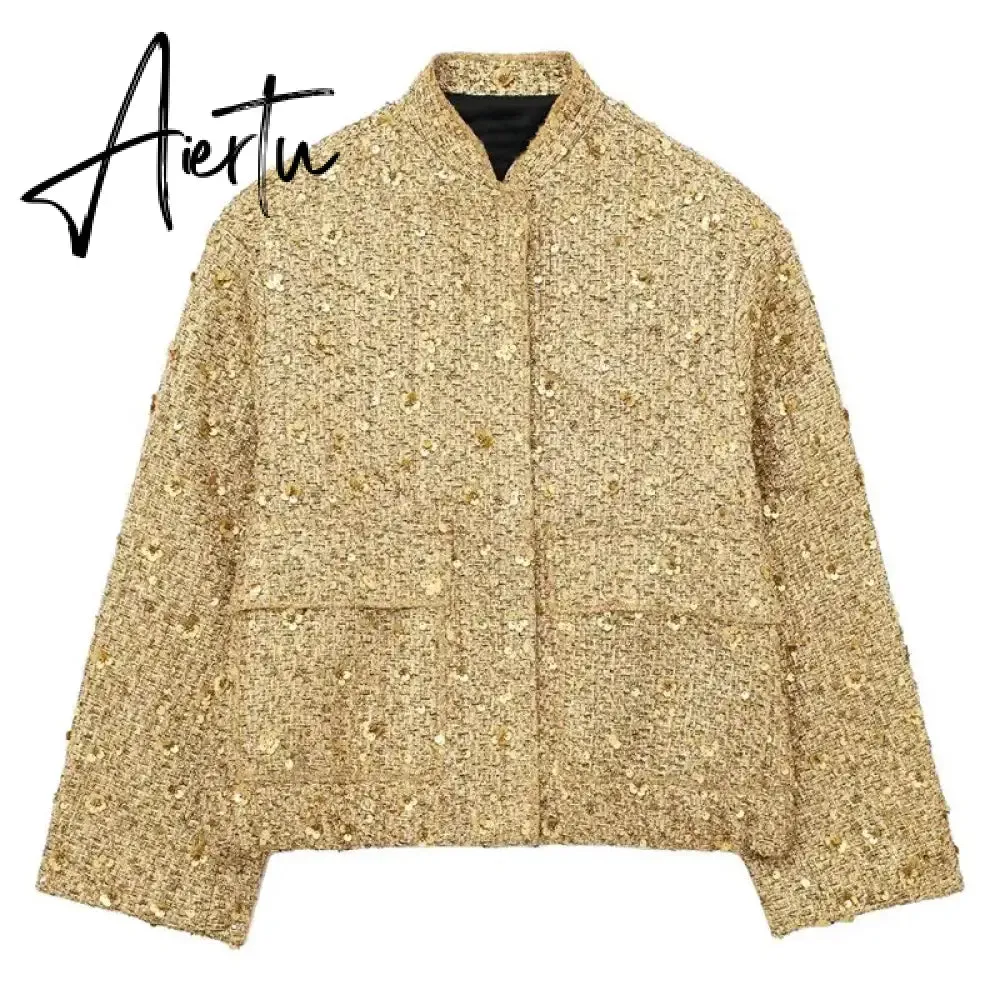 Women Fashion Shiny Sequin Jacket Y2k Gold Color Stand Collar Long Sleeve Short Coat Autumn Winter Ladies High Streetwear