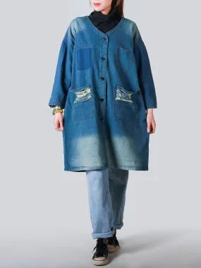 Women Frayed Denim Coat