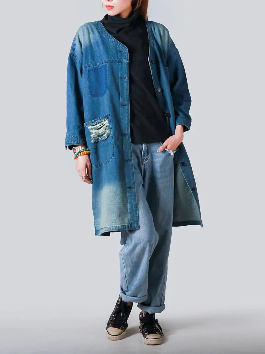 Women Frayed Denim Coat