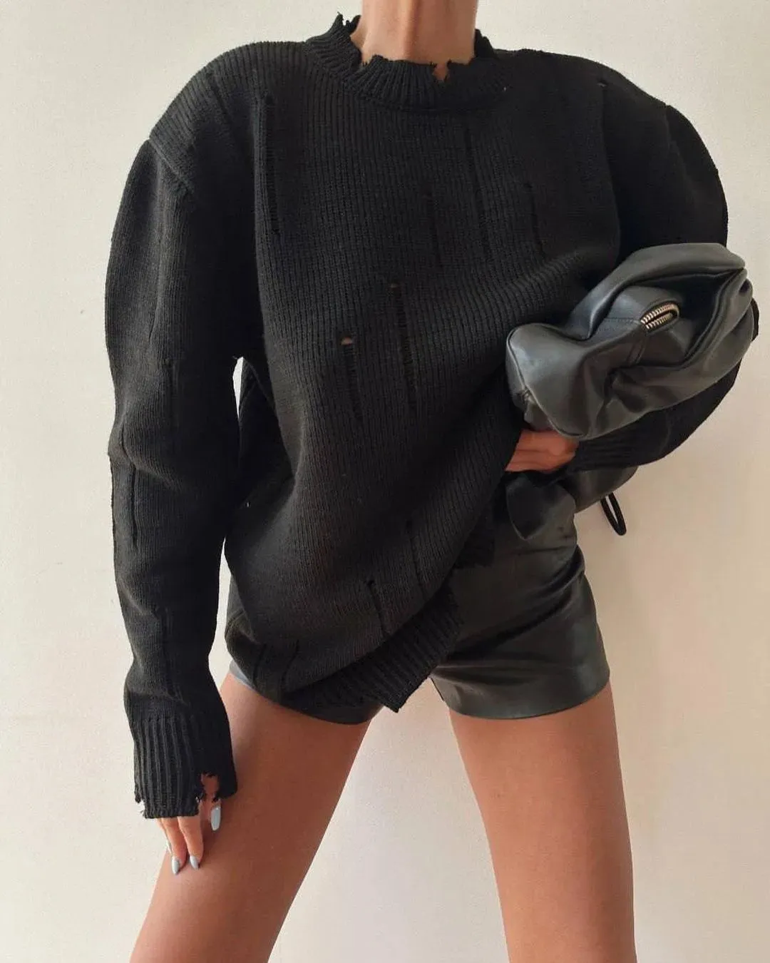 Women Knitted Hole Streetwear Long Sleeve Vintage Harajuku Y2K Pullover Coat Loose Sweater