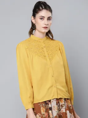 Women Mustard Lace Yoke Regular Top