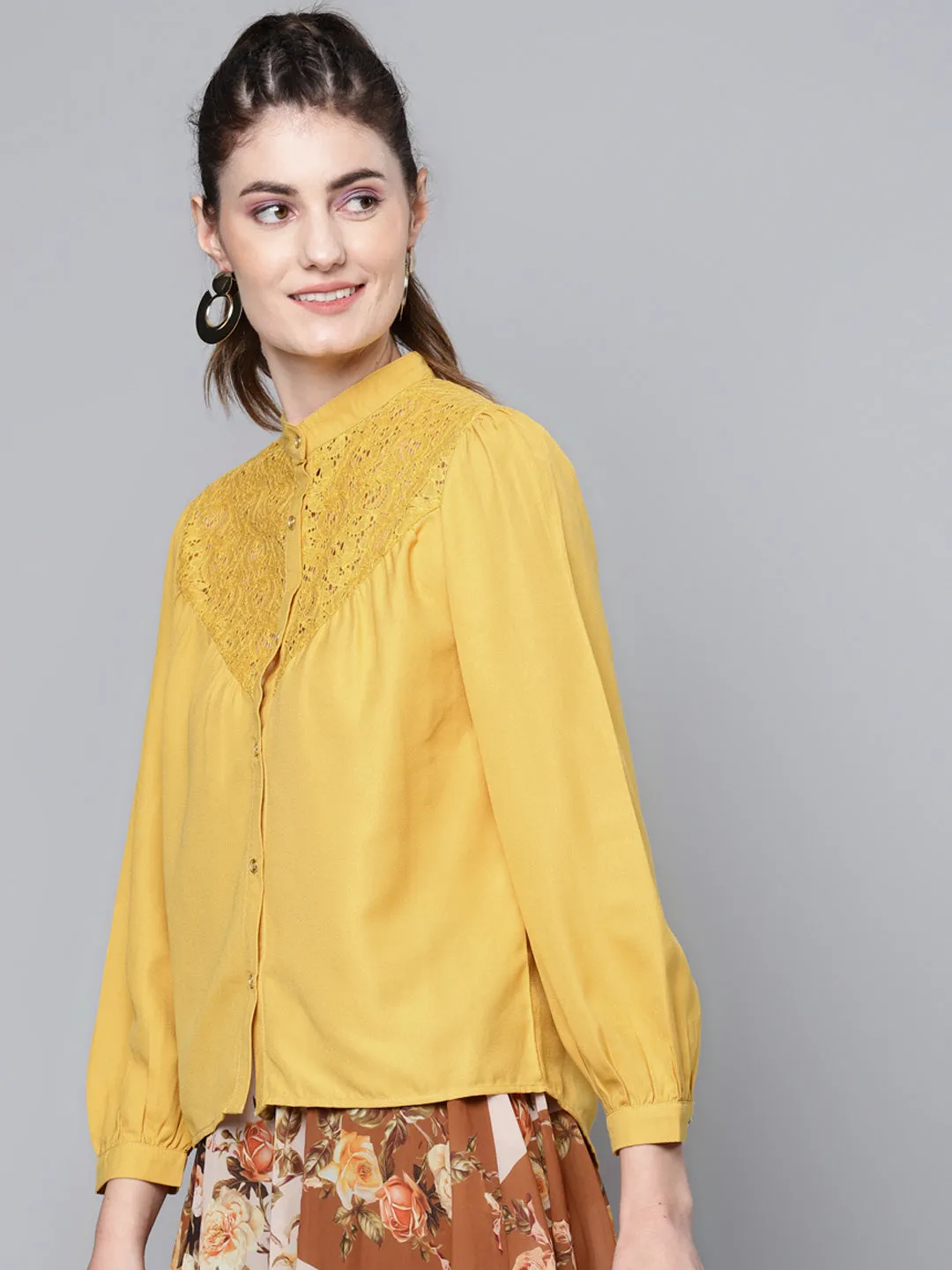 Women Mustard Lace Yoke Regular Top