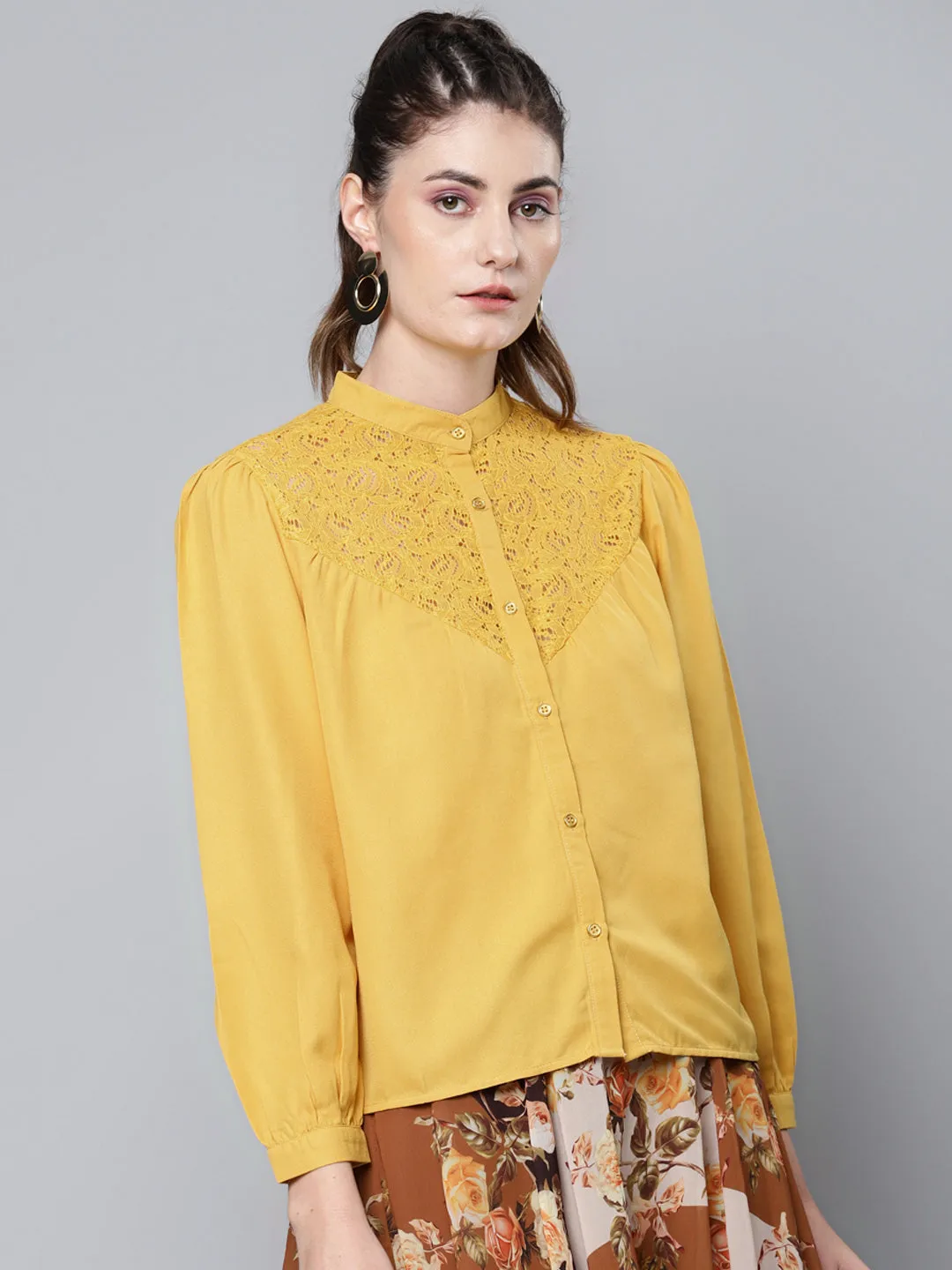 Women Mustard Lace Yoke Regular Top