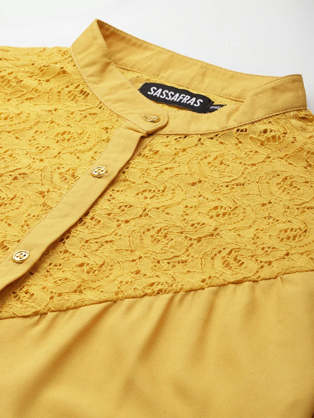 Women Mustard Lace Yoke Regular Top