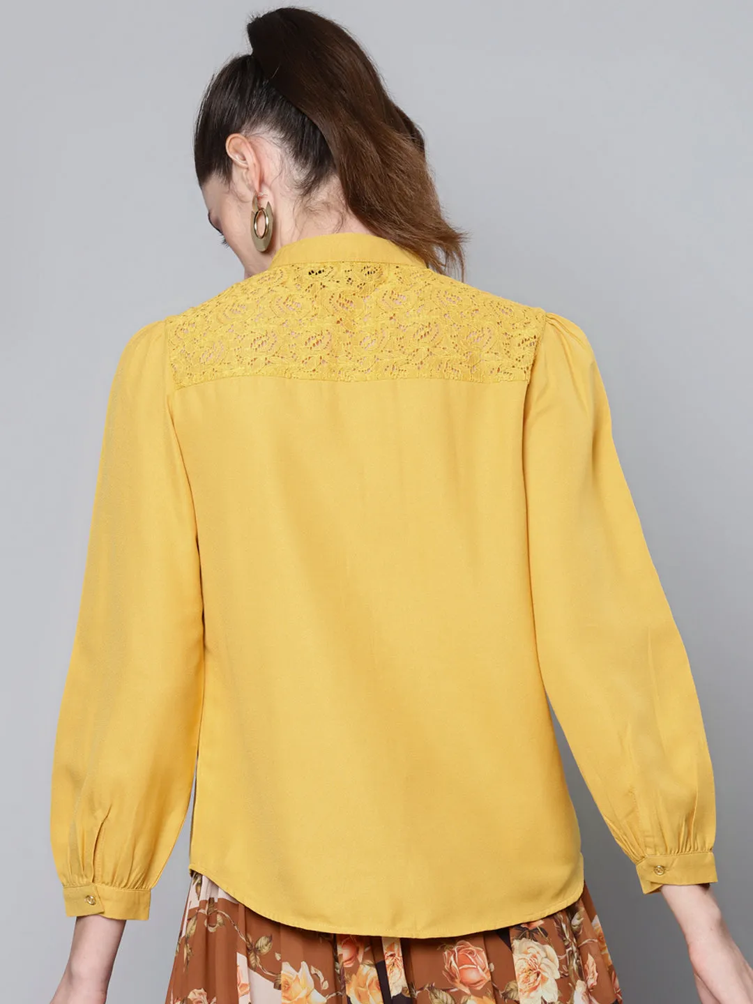 Women Mustard Lace Yoke Regular Top