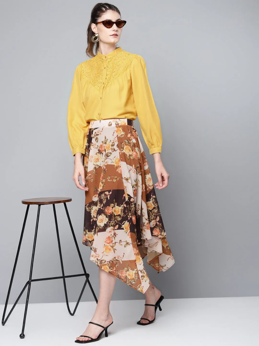 Women Mustard Lace Yoke Regular Top