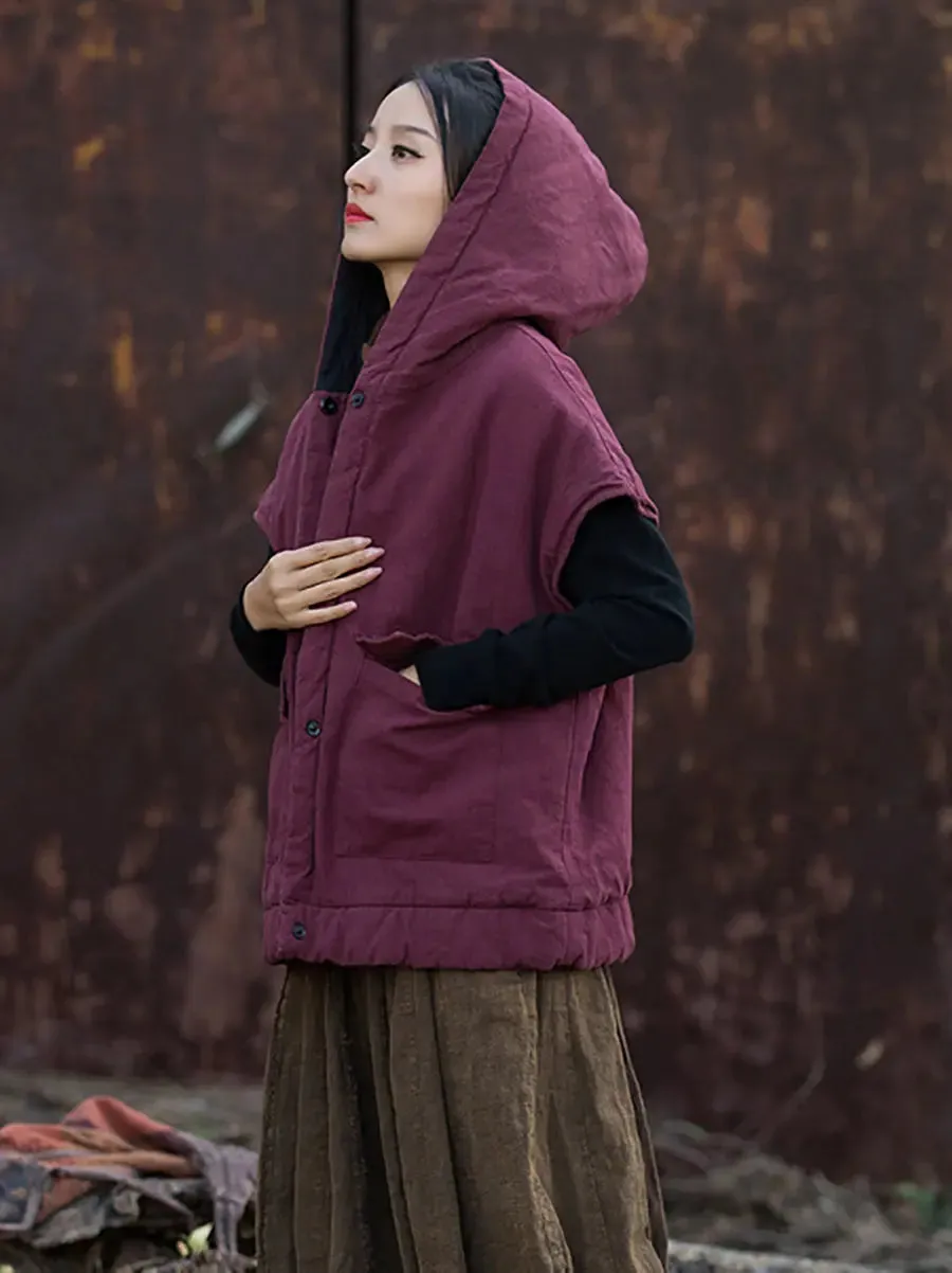 Women Solid Padded Hooded Vest Coat