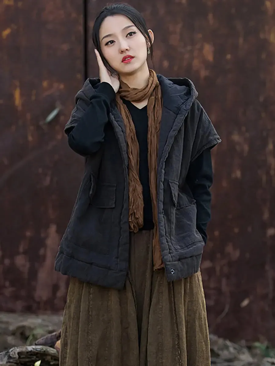 Women Solid Padded Hooded Vest Coat