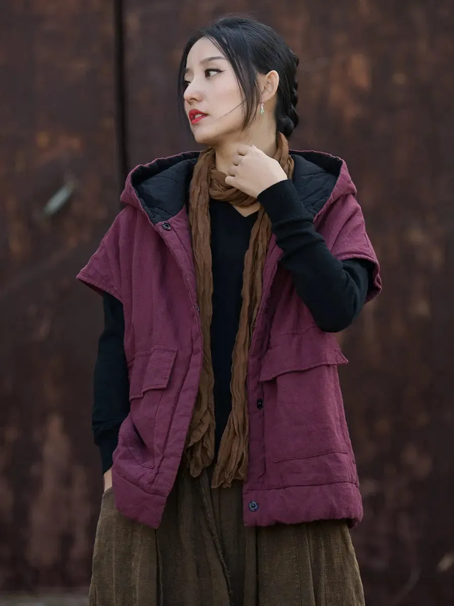 Women Solid Padded Hooded Vest Coat