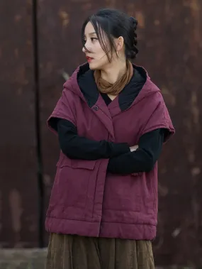 Women Solid Padded Hooded Vest Coat