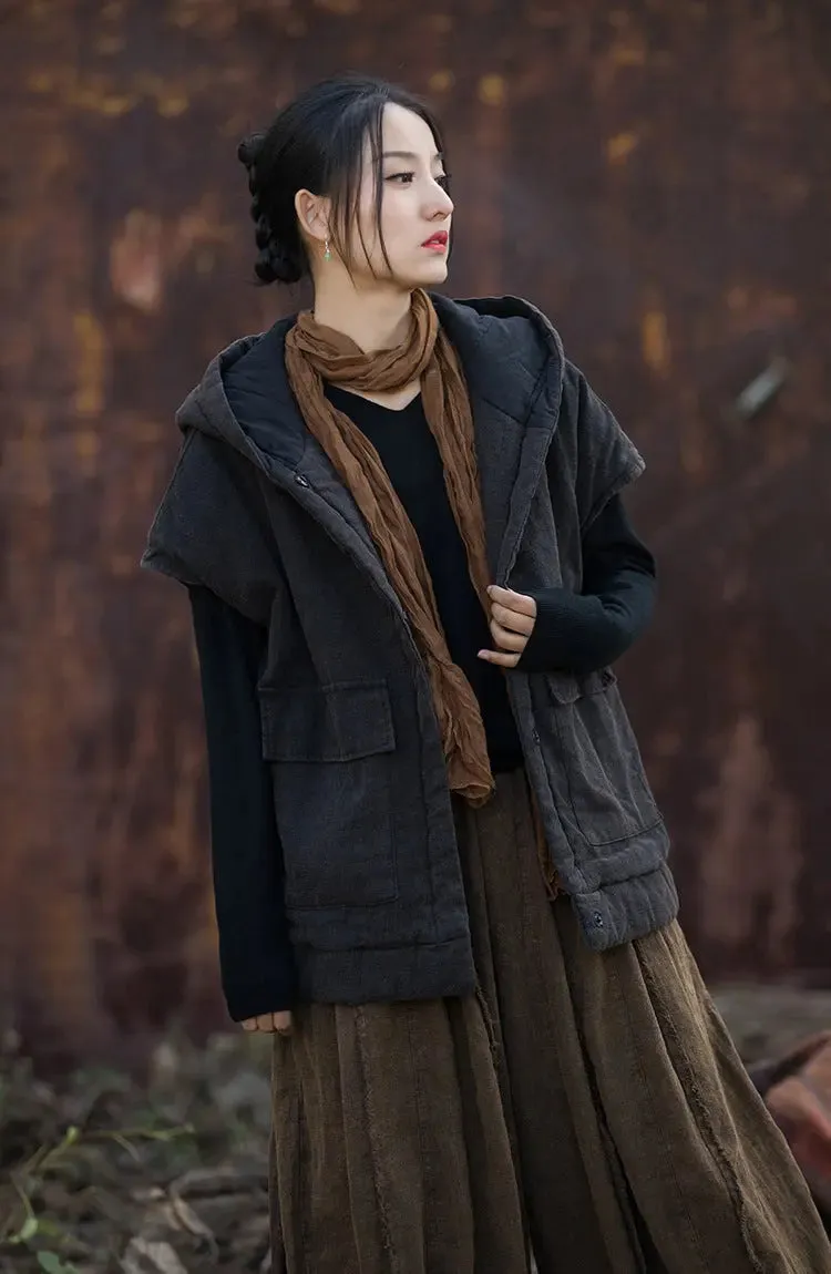 Women Solid Padded Hooded Vest Coat