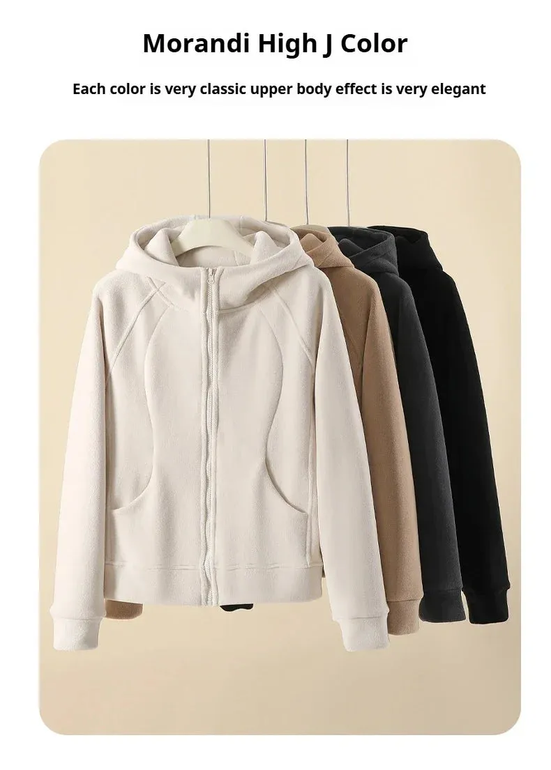 Women's Fleece Zip-Up Hoodie Jacket Warm Winter Coat Classic Solid Color Casual Outerwear with Pocket Fashion Streetwear Clothes