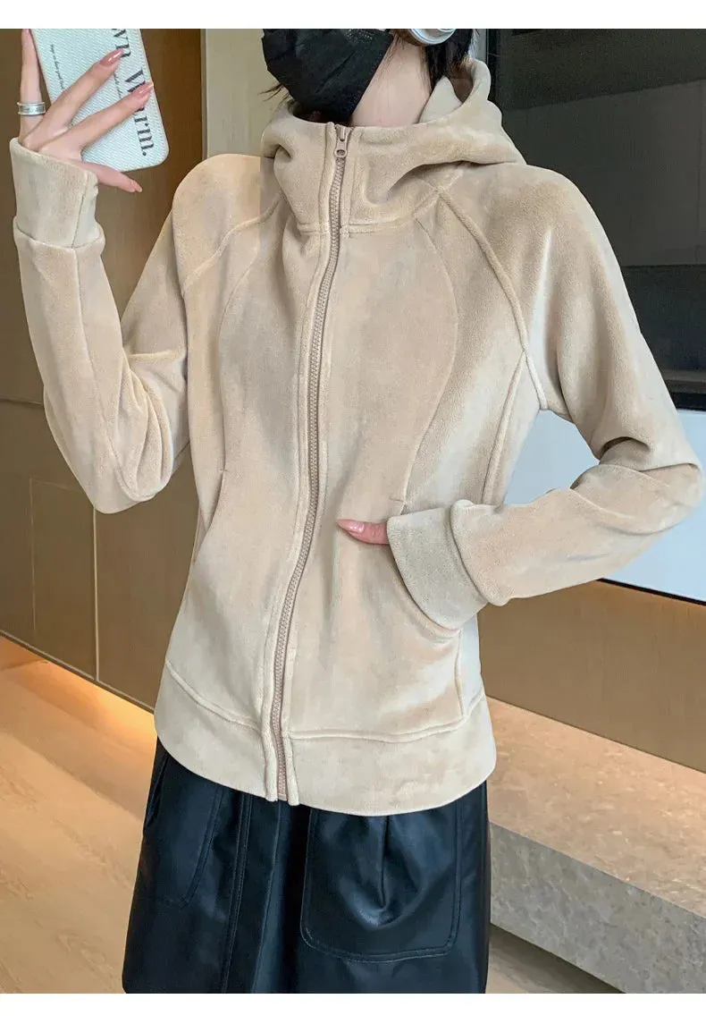 Women's Fleece Zip-Up Hoodie Jacket Warm Winter Coat Classic Solid Color Casual Outerwear with Pocket Fashion Streetwear Clothes