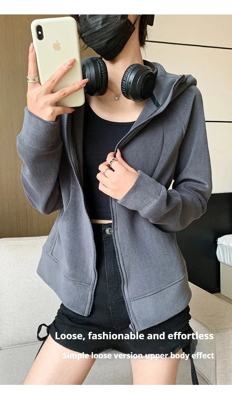 Women's Fleece Zip-Up Hoodie Jacket Warm Winter Coat Classic Solid Color Casual Outerwear with Pocket Fashion Streetwear Clothes