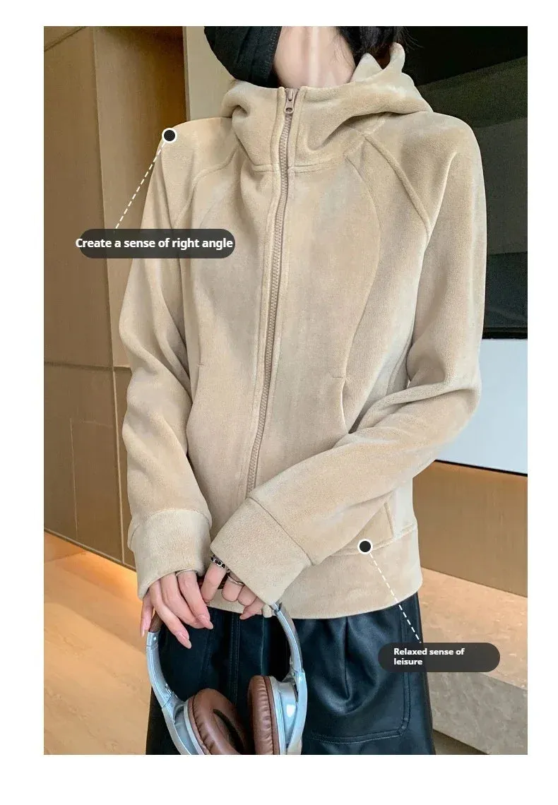 Women's Fleece Zip-Up Hoodie Jacket Warm Winter Coat Classic Solid Color Casual Outerwear with Pocket Fashion Streetwear Clothes