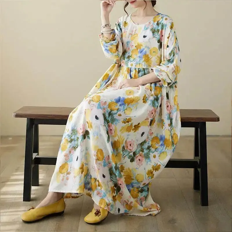 Women's Loose Fit Bohemian Yellow Floral Summer Cotton Dress