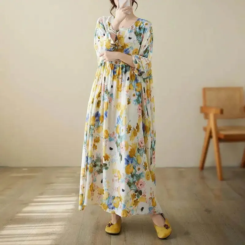 Women's Loose Fit Bohemian Yellow Floral Summer Cotton Dress
