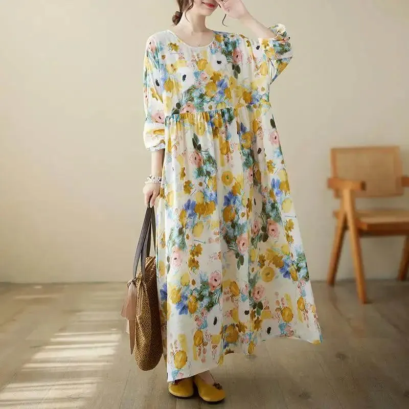 Women's Loose Fit Bohemian Yellow Floral Summer Cotton Dress
