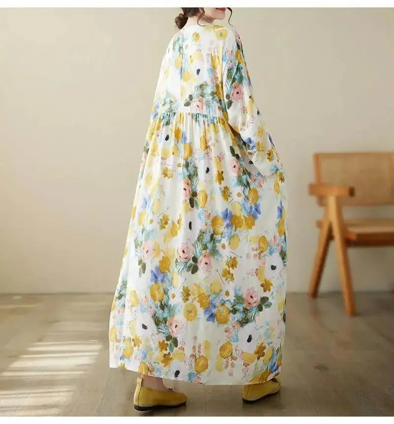 Women's Loose Fit Bohemian Yellow Floral Summer Cotton Dress