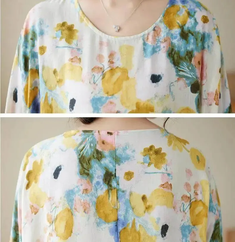 Women's Loose Fit Bohemian Yellow Floral Summer Cotton Dress