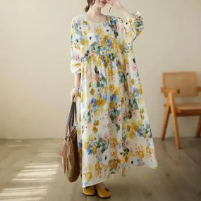 Women's Loose Fit Bohemian Yellow Floral Summer Cotton Dress
