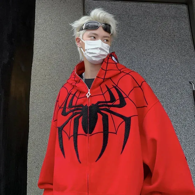 xiangtuibao Men Y2K Spider Hooded Coat Mens Autumn Embroidery Casual Jacket 320gsm Male Zip Up Sweatshirt Hip Hop Streetwear Oversize Coats