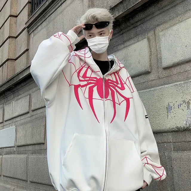 xiangtuibao Men Y2K Spider Hooded Coat Mens Autumn Embroidery Casual Jacket 320gsm Male Zip Up Sweatshirt Hip Hop Streetwear Oversize Coats
